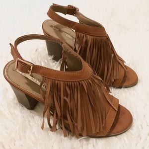 Leather Fringe Peep Toe Heels